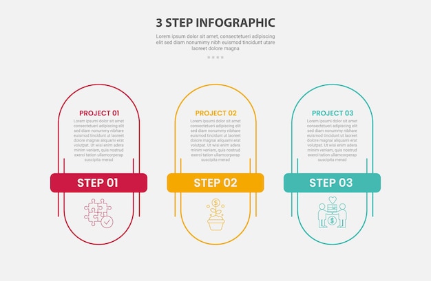 3 points template infographic outline style with 3 point step template with vertical round rectangle with horizontal title badge for slide presentation