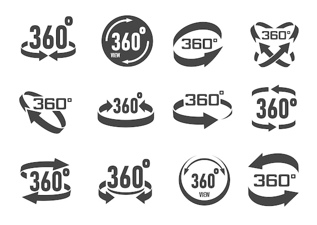 360 degrees virtual camera rotate icons 3d perspective panorama isolated vector symbols 360 degrees arrows in circle for wide view angle or full panoramic video tour vr rotation buttons and signs