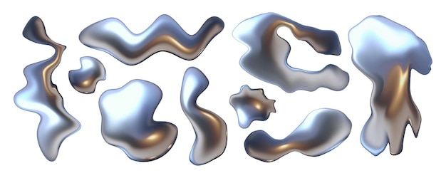 3d abstract liquid wave chrome metal elements set Y2K style Vector illustration