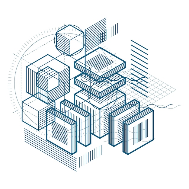 3d abstract vector isometric background. Layout of cubes, hexagons, squares, rectangles and different abstract elements.