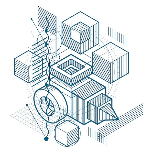 3d abstract vector isometric background. Layout of cubes, hexagons, squares, rectangles and different abstract elements.