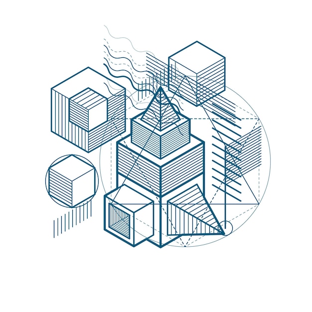 3d abstract vector isometric background. Layout of cubes, hexagons, squares, rectangles and different abstract elements.