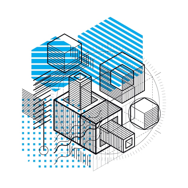 3d abstract vector isometric background. layout of cubes, hexagons, squares, rectangles and different abstract elements.