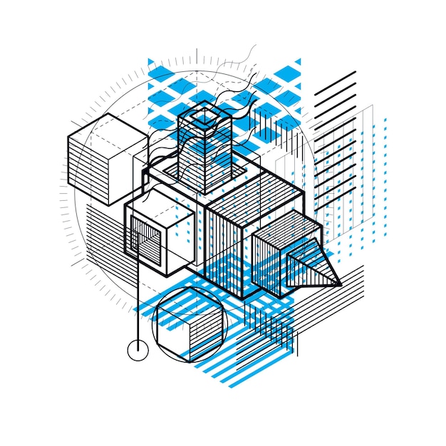 3d abstract vector isometric background. layout of cubes, hexagons, squares, rectangles and different abstract elements.