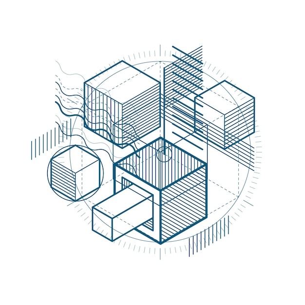 3d abstract vector isometric background. Layout of cubes, hexagons, squares, rectangles and different abstract elements.
