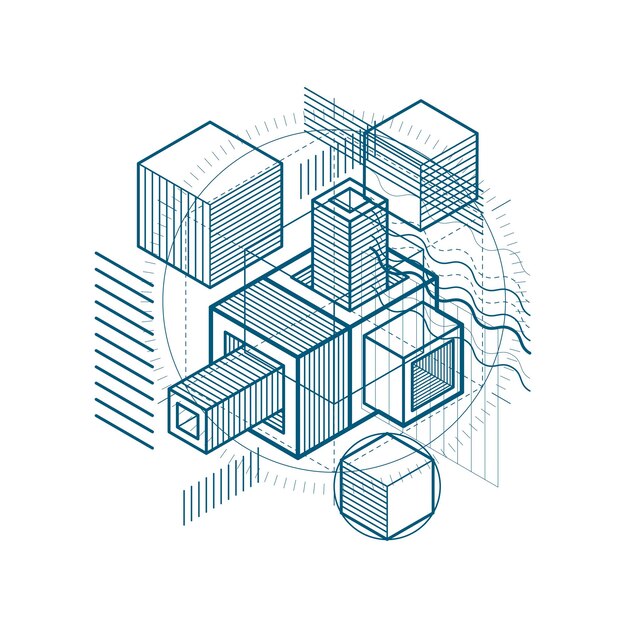 3d abstract vector isometric background. layout of cubes, hexagons, squares, rectangles and different abstract elements.