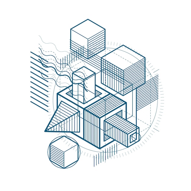 3d abstract vector isometric background. layout of cubes, hexagons, squares, rectangles and different abstract elements.