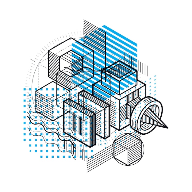 3d abstract vector isometric background. layout of cubes, hexagons, squares, rectangles and different abstract elements.