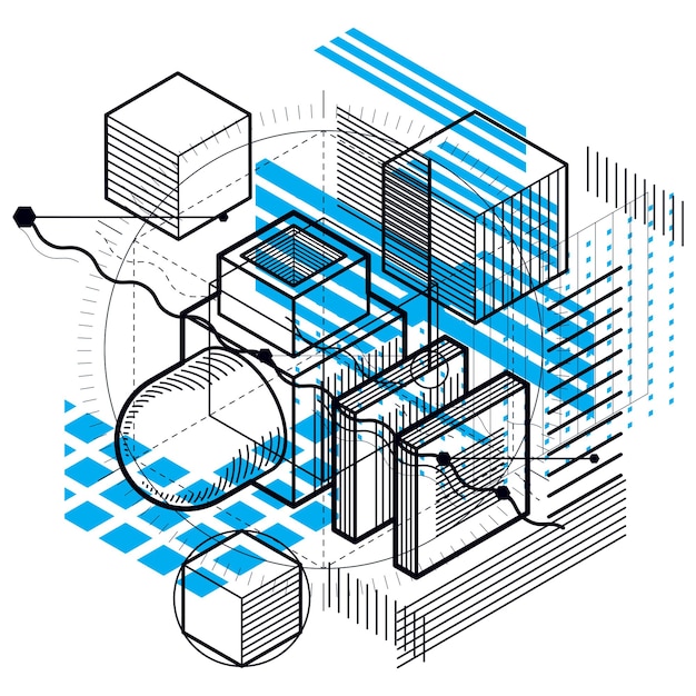 3d abstract vector isometric background. Layout of cubes, hexagons, squares, rectangles and different abstract elements.