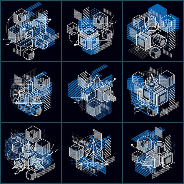 3d abstract vector isometric backgrounds. Layouts of cubes, hexagons, squares, rectangles and different abstract elements. Vector collection.