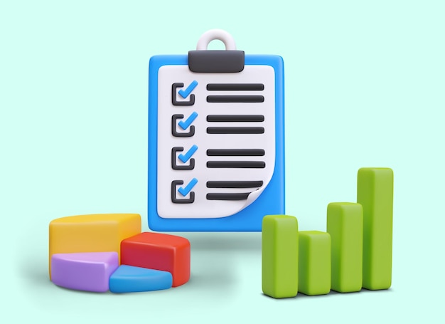 3D clipboard with checkbox bar and pie chart Concept of control of completed tasks