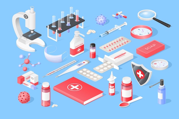 3D coronavirus protection Medical lab Isometric tools Medicine research in laboratory Mask and sanitizer Virus disease Microscope and test tubes Vector healthcare equipment set