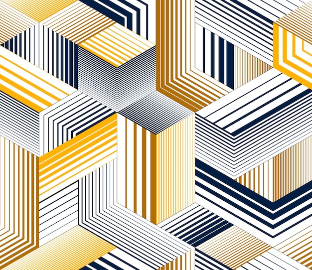 3D cubes seamless pattern vector background, lined dimensional blocks, architecture and construction, geometric design.