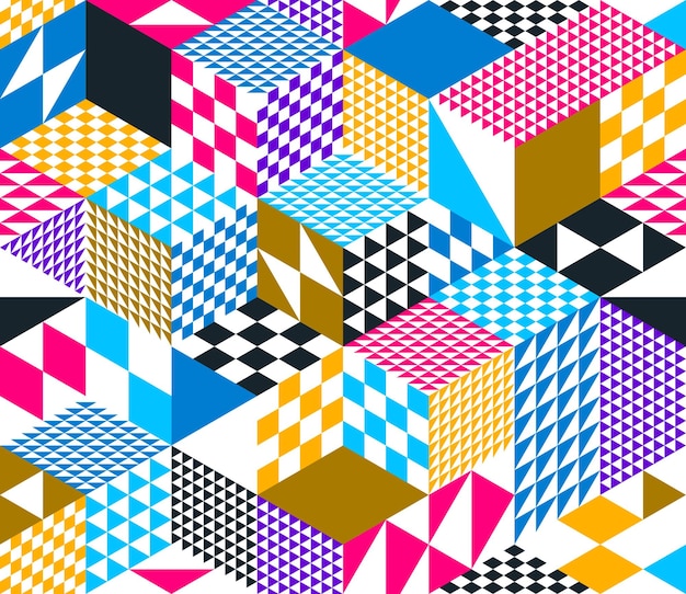 3D cubes seamless pattern vector background, rhombus and triangles dimensional blocks, architecture and construction, geometric design.