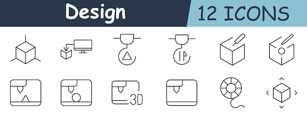 3d design set icon cube diagram monitor printer triangle pen shapes geometric objects modeling tools life preserver arrows around cube 3d model flag