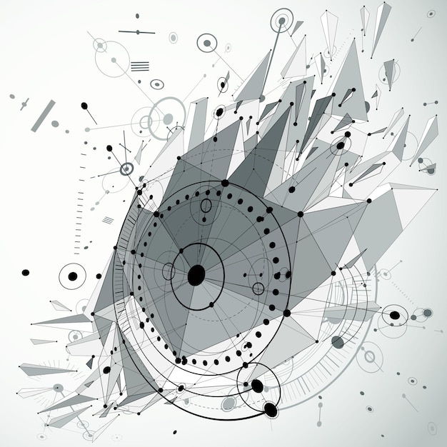 3d engineering technology vector backdrop with low poly demolished object and wireframe. Gray mechanical scheme, dimensional abstract industrial design can be used as website background.