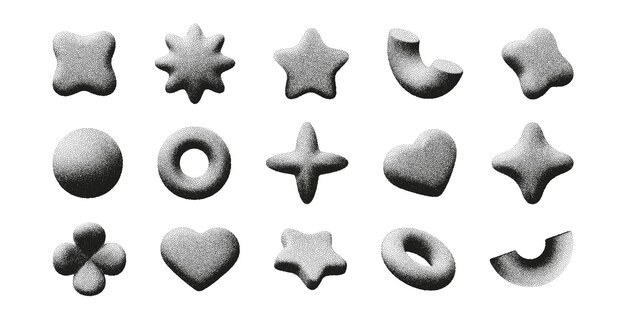 3D figures featuring unique shapes and surface textures The figures created with noise patterns create a visually interesting arrangement on a clean background