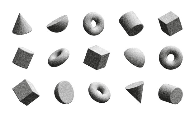 3D figures with noise create an interesting visual display of various geometric shapes and forms in a monochrome design