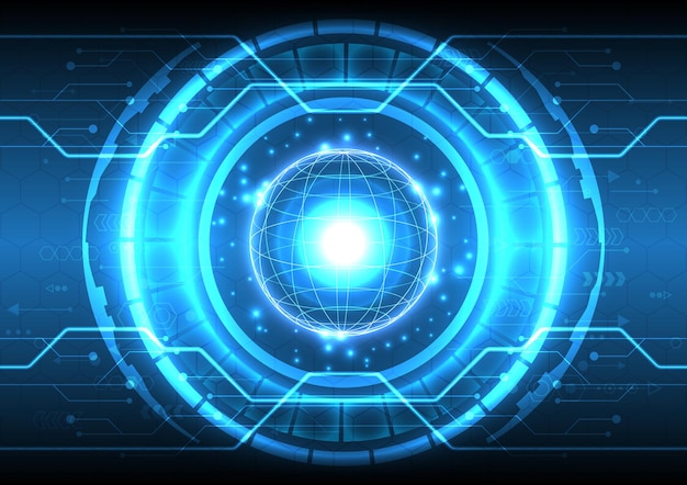 3D globe and neon light Futuristic SciFi glowing HUD circle element Abstract hitech background Hologram particle of headup display interface Virtual reality technology of engineer data science