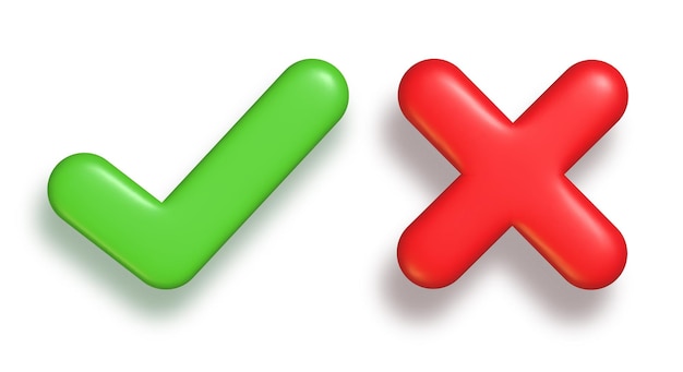 3d green tick and red cross sign vector icon set of right and wrong mark