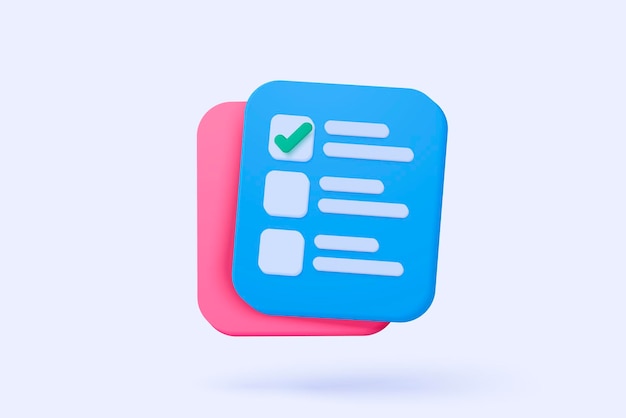 3d icon file task management todo check list assignment and exam paperwork work on organization progress feedback administration survey 3d clipboard tick check icon vector render illustration