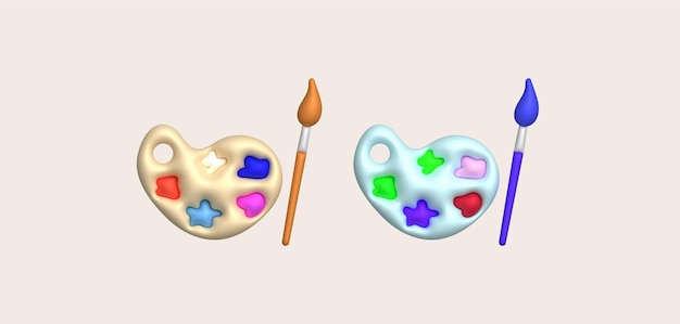 3D illustration coloring equipment Paint tray and brushes minimal style