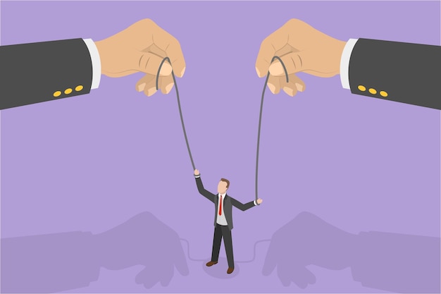 3d isometric flat vector conceptual illustration of hand controlling puppet