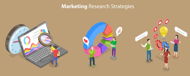3D Isometric Flat Vector Conceptual Illustration of Marketing Research Strategies
