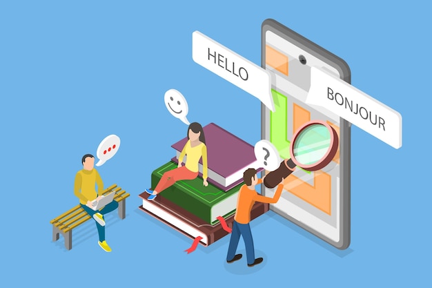 3d isometric flat vector illustration of translating app