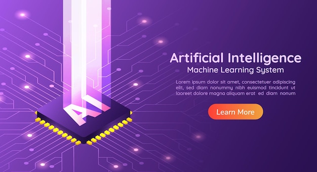 3d isometric web banner Artificial Intelligence AI with light pillar on computer circuit board. AI and Machine learning concept landing page.
