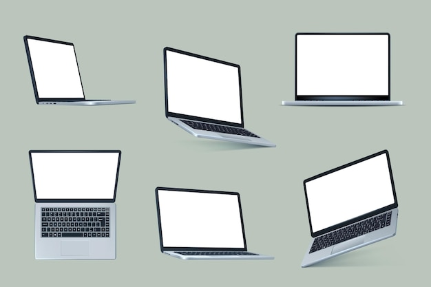 3d laptop Isometric open computer notebook different angles view isolated realistic office pc with keyboard blank white screen Ad on monitor display template Vector illustration set