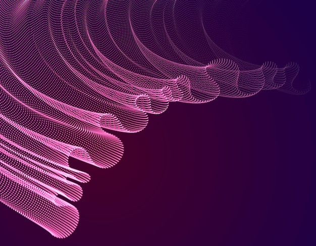 3d magic particles mesh array over dark, sound wave flowing, transparent tulle textile on wind. Round points vector effect illustration. Blended mesh, calming relaxing wallpaper.
