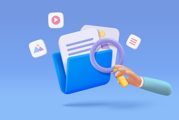 3d media file management concept searching image and video files in database document management soft document flow app compound docs concept 3d magnifying icon vector rendering illustration