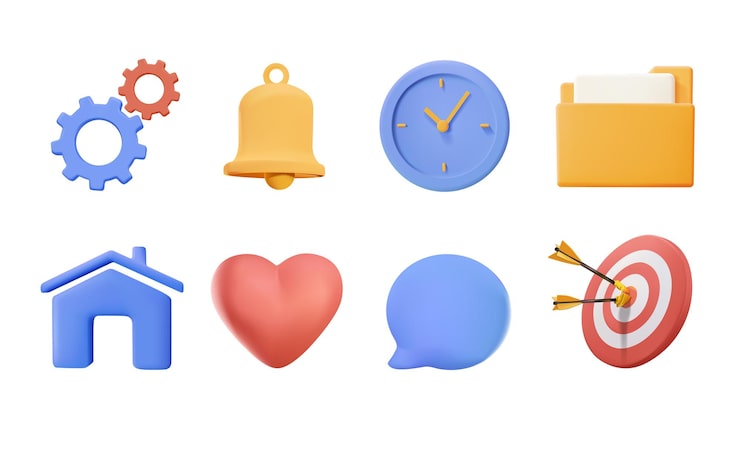 Vector 3d minimalistic style for the interface of applications and web pages icons set realistic 3d illustration gears clock target folder and speaking bubble ui design elements 3d vector symbols