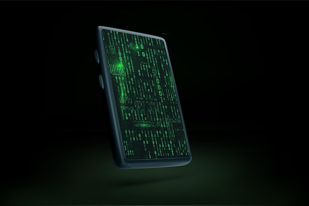 3D mobile phone with binary data stream in matrix style on screen Abstract sci fi futuristic phone wallpaper mock up Vector illustration