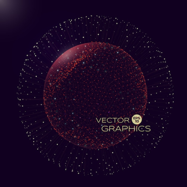  3d  of spherical object in space of micro or macro world. Isolated object consists of wireframe and particles with elements of explosion.