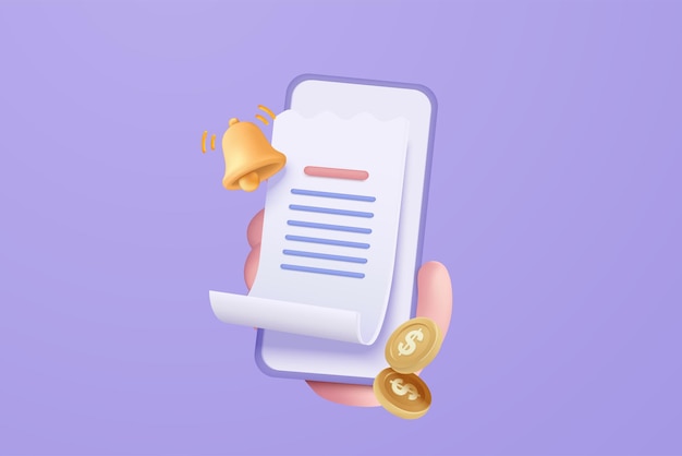 3d pay money with mobile phone banking online payments bill on smartphone transaction with money coin mobile phone financial alert with bell notification 3d bill payment vector icon illustration