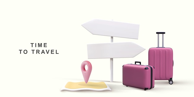 3d realistic world travel concept with map pointer and handbags
