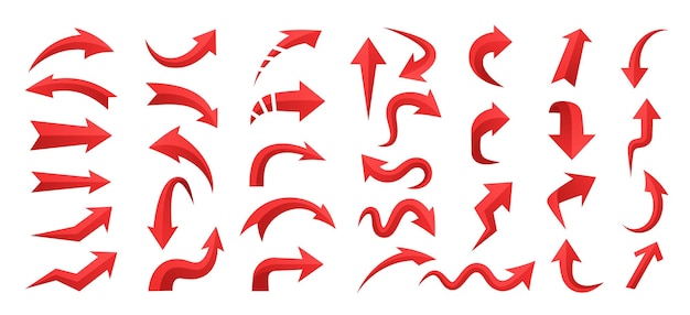 3d red arrow Right and left up and down arrows direction pointers Circular curve volumetric cartoon sign indicator and cursor motion graphic Vector isolated UI set