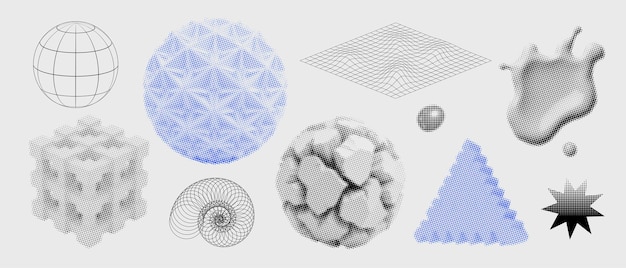 3d retrofuturistic y2k trendy set geometric shapes in dotted halftone style distorted ring sphere