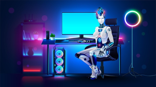 3d Robot woman with AI used computer sitting at desk A cyborg girl is sitting in computer chair at monitor of powerful desktop PC with empty screen AI robot work on computer AI robot on workplace