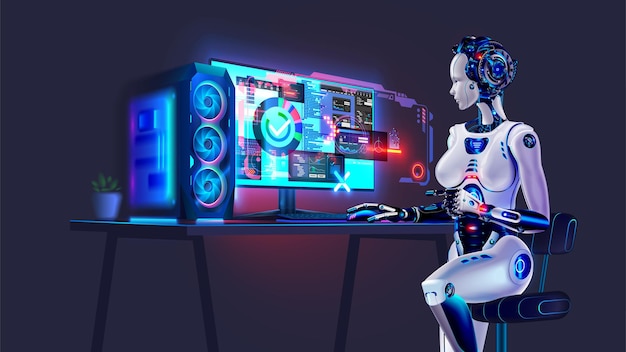 3d Robot woman with AI used computer sitting at desk A cyborg girl looks at the monitor of a powerful desktop computer with an abstract interface AI helps developers software AI robot on workplace