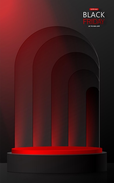 3d round podium stage for black friday sale poster with black paper cut and craft style on color background for banner, poster or web site