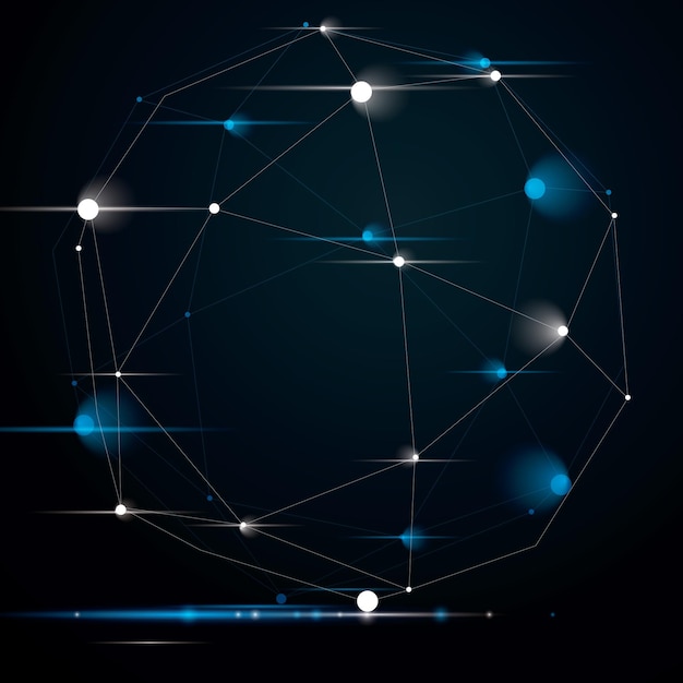 3D vector abstract design shine object with sparkles, polygonal complicated figure with lines mesh.