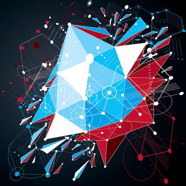 3d vector Bauhaus abstract background made with grid and geometric elements, honeycombs and connected lines. Layout for business presentations and posters made with low poly wrecked objects.