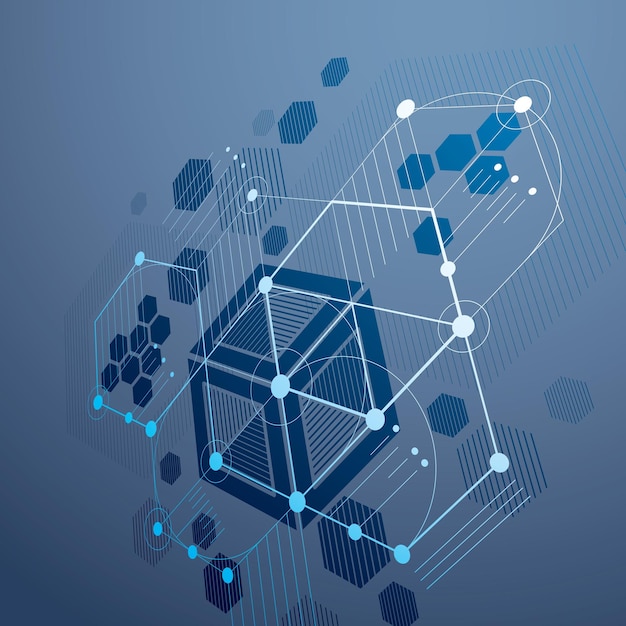 3d vector Bauhaus abstract blue background made with grid and overlapping simple geometric elements, hexagons and lines. Retro style artwork, graphic template for advertising poster.