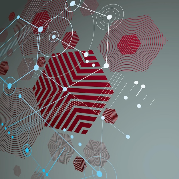 3d vector Bauhaus abstract red background made with grid and overlapping simple geometric elements, hexagons and lines. Retro style artwork, graphic template for advertising poster.