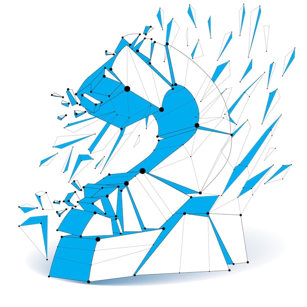 3d vector digital wireframe blue number 2 broken into different particles, geometric polygonal numeration with lines mesh. Low poly shattered typescript, lattice element.