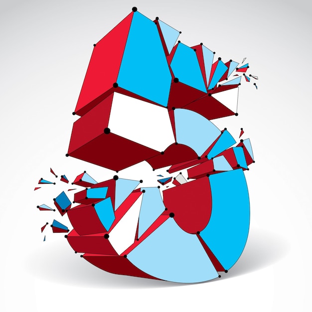 3d vector digital wireframe number 5 broken into different particles, geometric polygonal numeration with lines mesh. Low poly shattered typescript, lattice element.