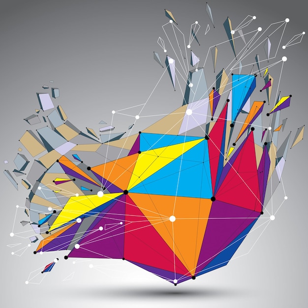3d vector digital wireframe object broken into different particles and refractions, colorful geometric polygonal structure with lines mesh. Low poly shattered shape, lattice form.